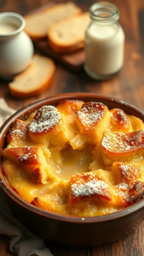 A bowl of golden brown bread pudding garnished with powdered sugar on a rustic wooden table.